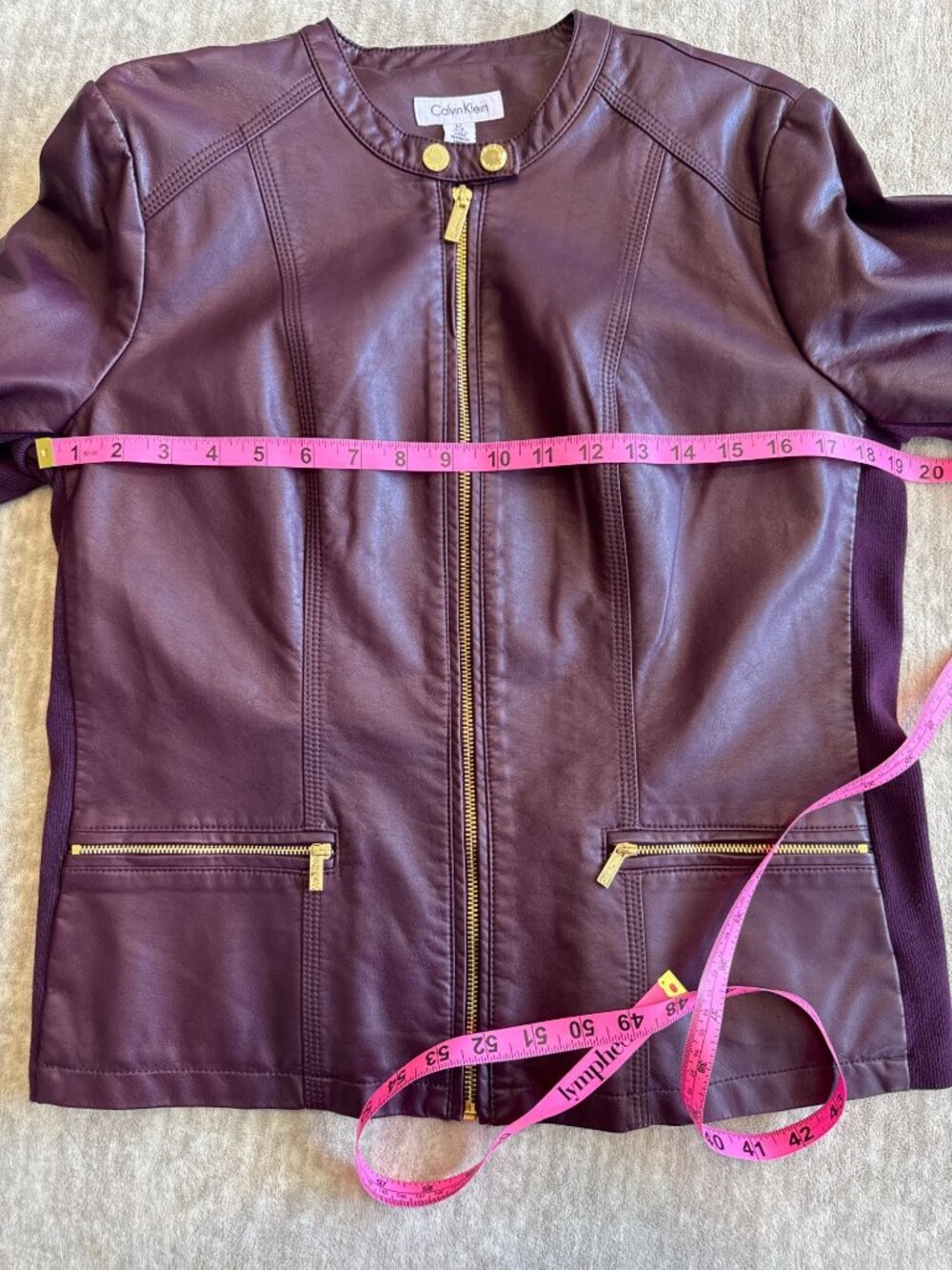 Calvin Klein Merlot Faux Leather Jacket Gold Zippers Women's Large NWT - Picture 5 of 8